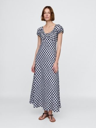 Gap × DÔEN 100% Keten Gingham Midi Elbise