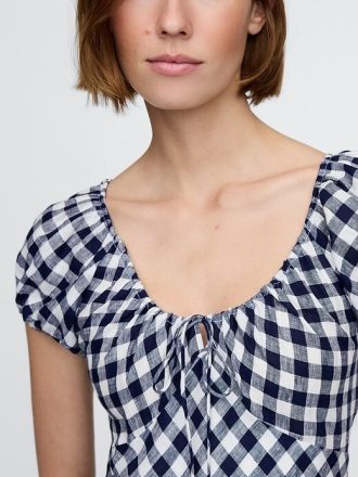 Gap × DÔEN 100% Keten Gingham Midi Elbise