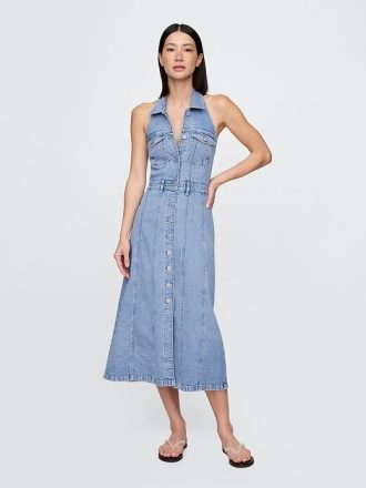Icon Denim Askılı Midi Elbise