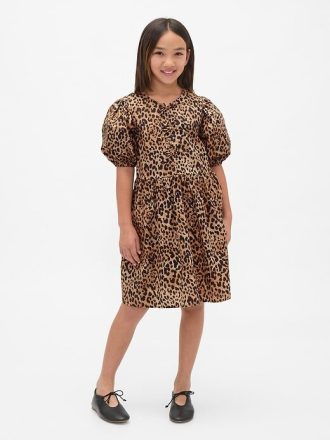 Çocuklar için Poplin Puf Kollu Leopar Elbise