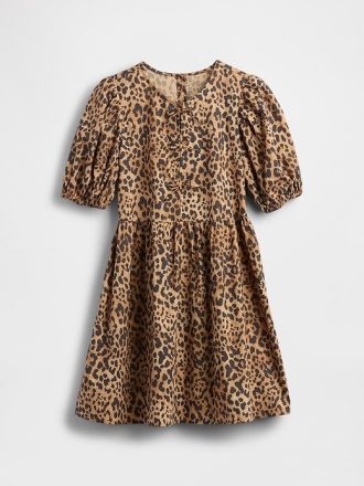 Çocuklar için Poplin Puf Kollu Leopar Elbise