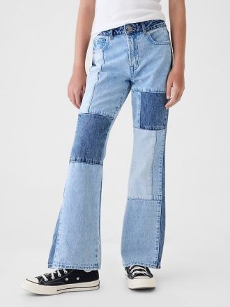 Çocuklar için Yüksek Bel Patchwork 70’ler Flare Kot Pantolon