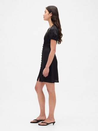 Saten Dantelli V Yaka Mini Elbise