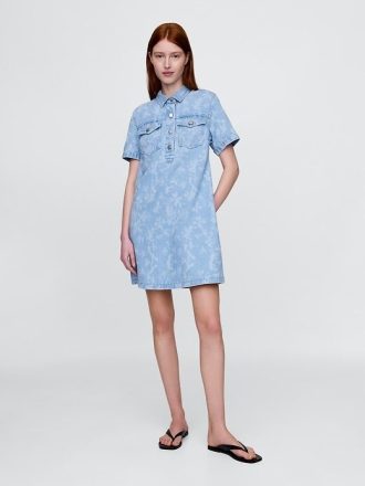 UltraSoft Denim Çiçekli Popover Mini Elbise