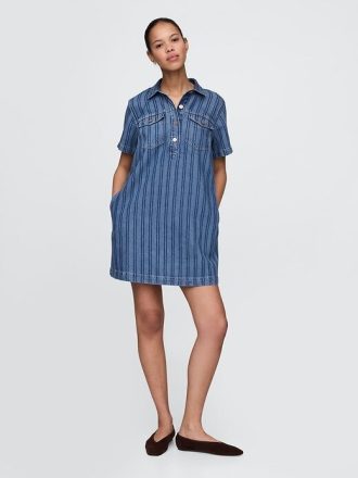 UltraSoft Denim Çizgili Popover Mini Elbise