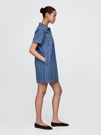 UltraSoft Denim Çizgili Popover Mini Elbise